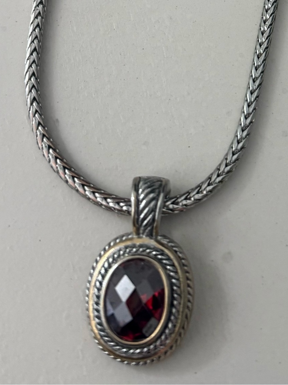 Pretty Costume Silver Necklace with Garnet Drop